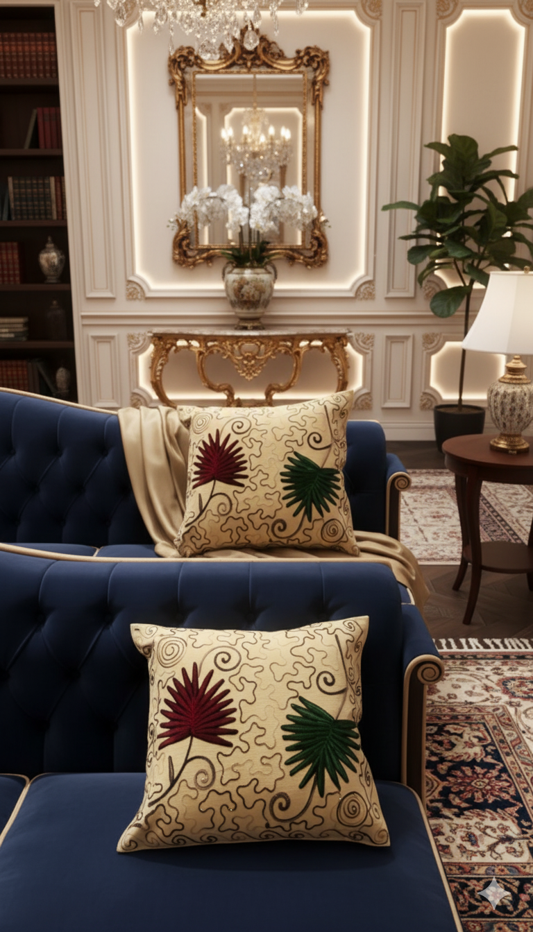 Luxury Floral Embroidery Cushion Cover _ Handmade Cotton Sofa Cushion Cover _ Living Room Decor