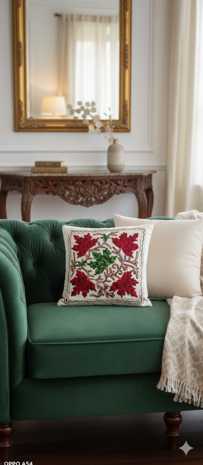 Hand Embroidered Floral Cushion Cover _ Premium Cotton Decorative Throw Pillow Cover for Sofa, Bed & Living Room _ White _ 16x16 Inch