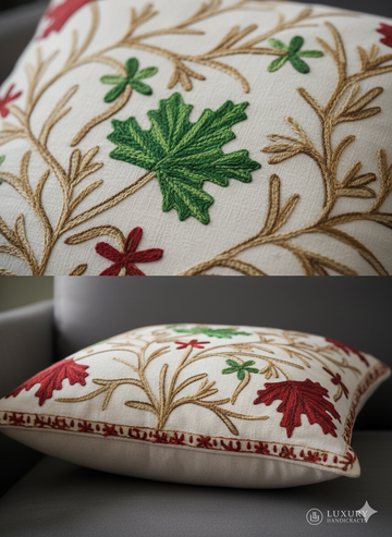 Hand Embroidered Floral Cushion Cover _ Premium Cotton Decorative Throw Pillow Cover for Sofa, Bed & Living Room _ White _ 16x16 Inch