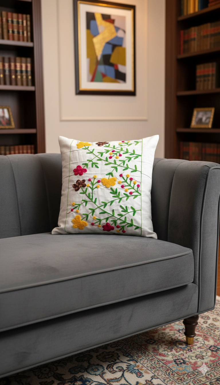 Hand Embroidered Floral Cushion Cover _ White Cotton Boho Decorative Throw Cushion Cover for Sofa, Couch & Living Room (16x16 Inch)