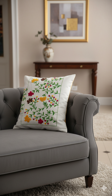 Hand Embroidered Floral Cushion Cover _ White Cotton Boho Decorative Throw Cushion Cover for Sofa, Couch & Living Room (16x16 Inch)