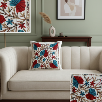 Hand Embroidered Floral Cushion Cover _ White Cotton Boho Decorative Throw Pillow Cover for Sofa, Couch & Living Room (16x16 Inch)