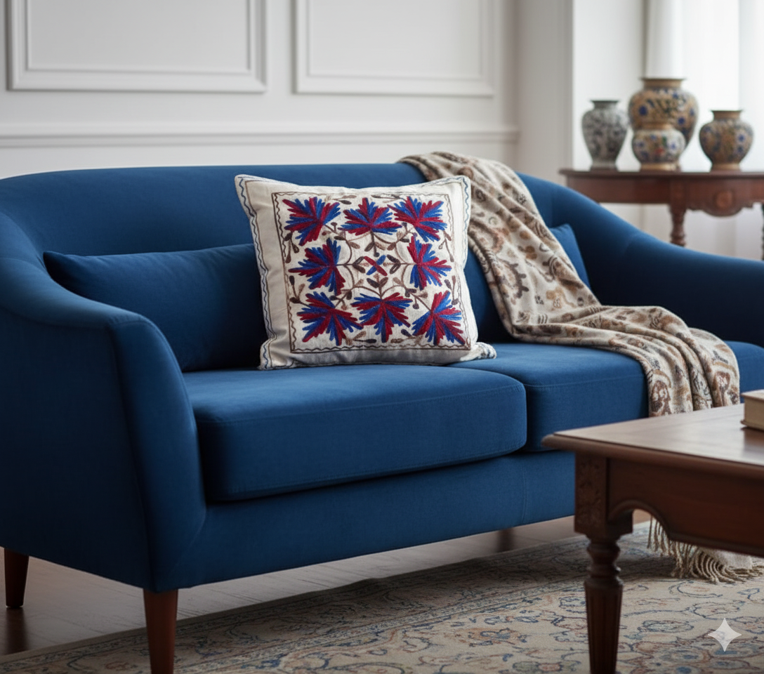 Hand Embroidered Floral Cushion Cover _ White Cotton Decorative Throw Pillow Cover _ Blue & Red Accent Sofa Cushion _ Handmade Home Décor