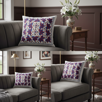 Hand Embroidered Floral Cushion Cover _ White Cotton Decorative Throw Pillow Cover _ Blue & Red Accent Sofa Cushion _ Handmade Home Décor