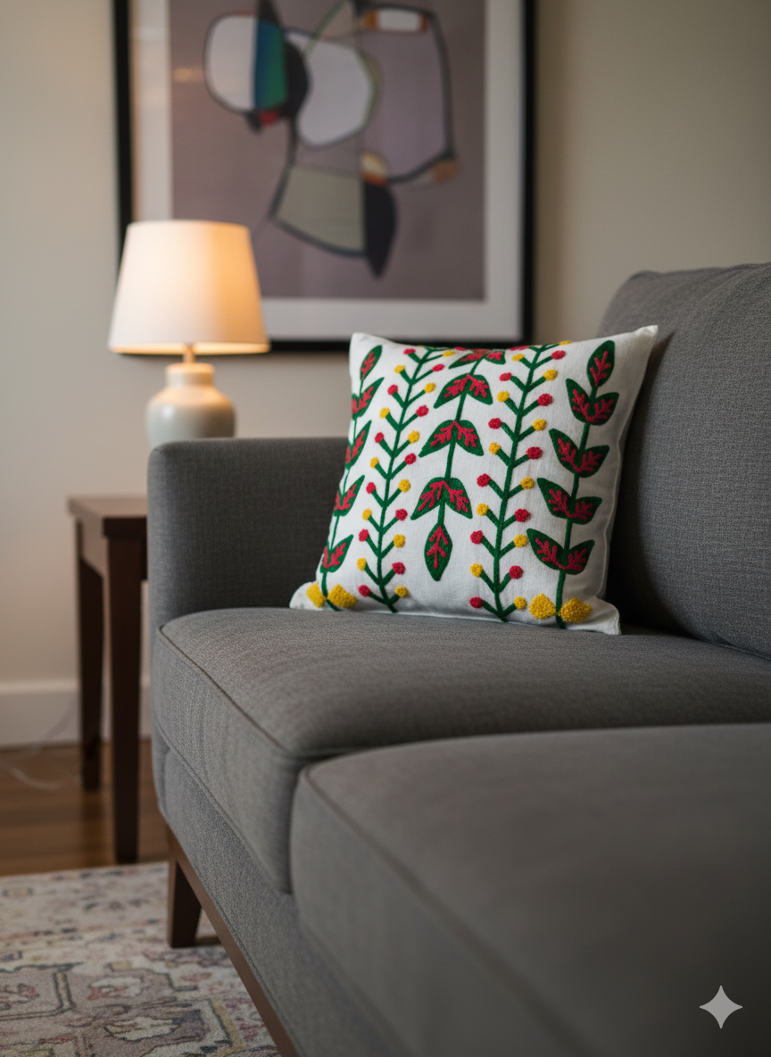 Hand Embroidered Floral Cushion Cover _ Premium Cotton Decorative Throw Pillow Cover for Sofa, Couch & Living Room _ Boho Home Décor