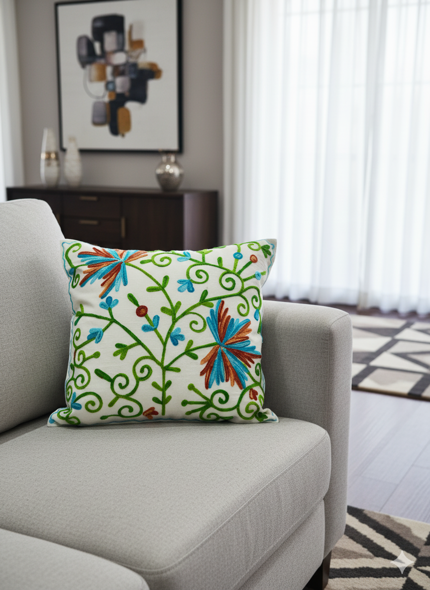Hand Embroidered Floral Cushion Cover _ White Cotton Decorative Throw Pillow Cover _ Boho Sofa Cushion Case _ Living Room & Bedroom Home Décor