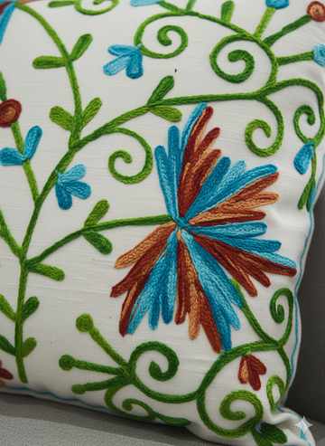 Hand Embroidered Floral Cushion Cover _ White Cotton Decorative Throw Pillow Cover _ Boho Sofa Cushion Case _ Living Room & Bedroom Home Décor