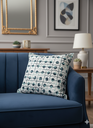Blue Floral Embroidered Cushion Cover _ Premium Decorative Cotton Throw Pillow Cover for Sofa, Couch & Living Room