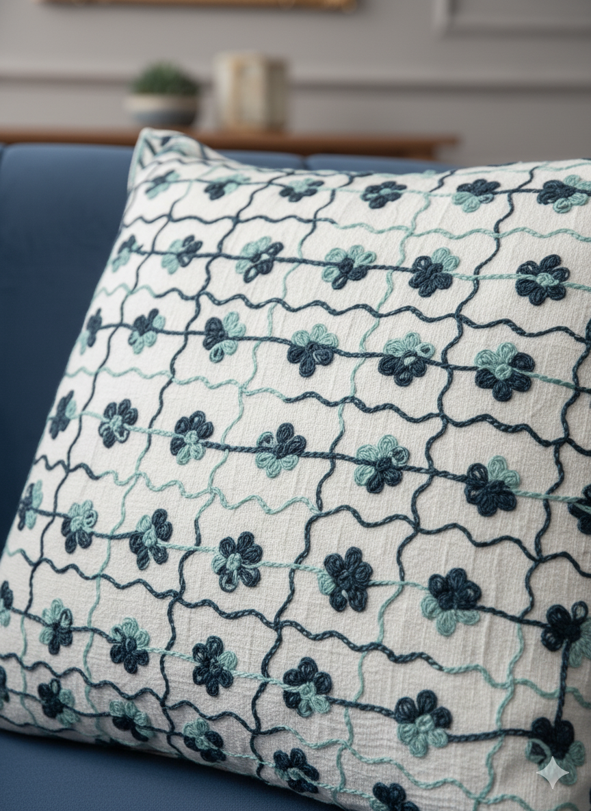 Blue Floral Embroidered Cushion Cover _ Premium Decorative Cotton Throw Pillow Cover for Sofa, Couch & Living Room