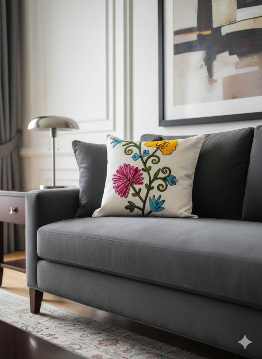 Hand Embroidered Floral Cushion Cover _ White Cotton Decorative Throw Pillow Cover _ Colorful Flower Design _ 16x16 - 18x18 Inch