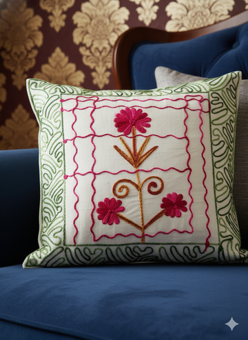 Hand Embroidered Floral Cotton Cushion Cover _ Decorative Throw Pillow Cover for Sofa, Couch & Living Room _ Modern Boho Home Décor