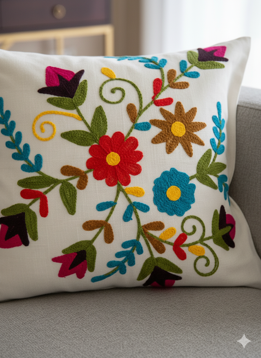 Colorful Floral Embroidered Cushion Cover _ White Cotton Decorative Throw Pillow Cover for Sofa, Couch, Bed & Living Room