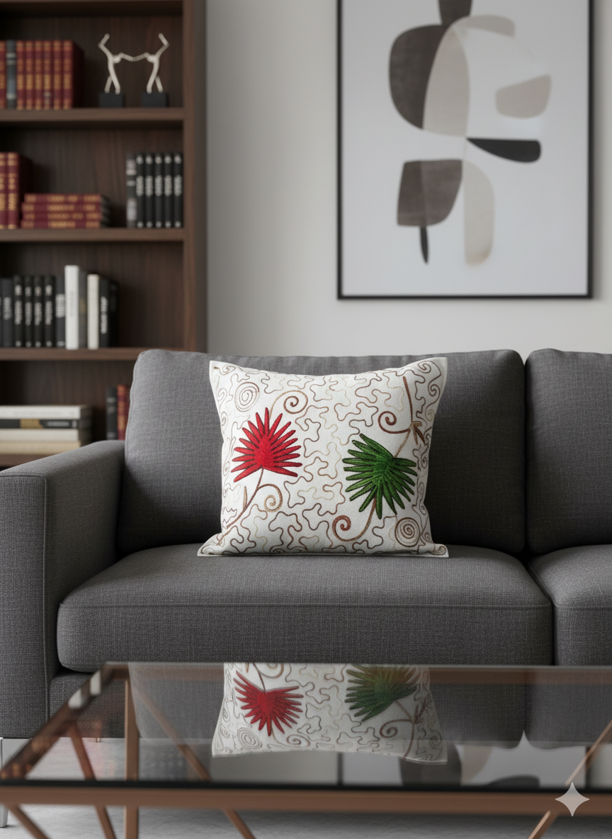 Modern Embroidered Floral Cushion Cover _ White Decorative Throw Pillow Cover for Sofa, Couch & Living Room _ Premium Cotton Cushion Case