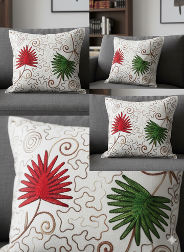 Modern Embroidered Floral Cushion Cover _ White Decorative Throw Pillow Cover for Sofa, Couch & Living Room _ Premium Cotton Cushion Case