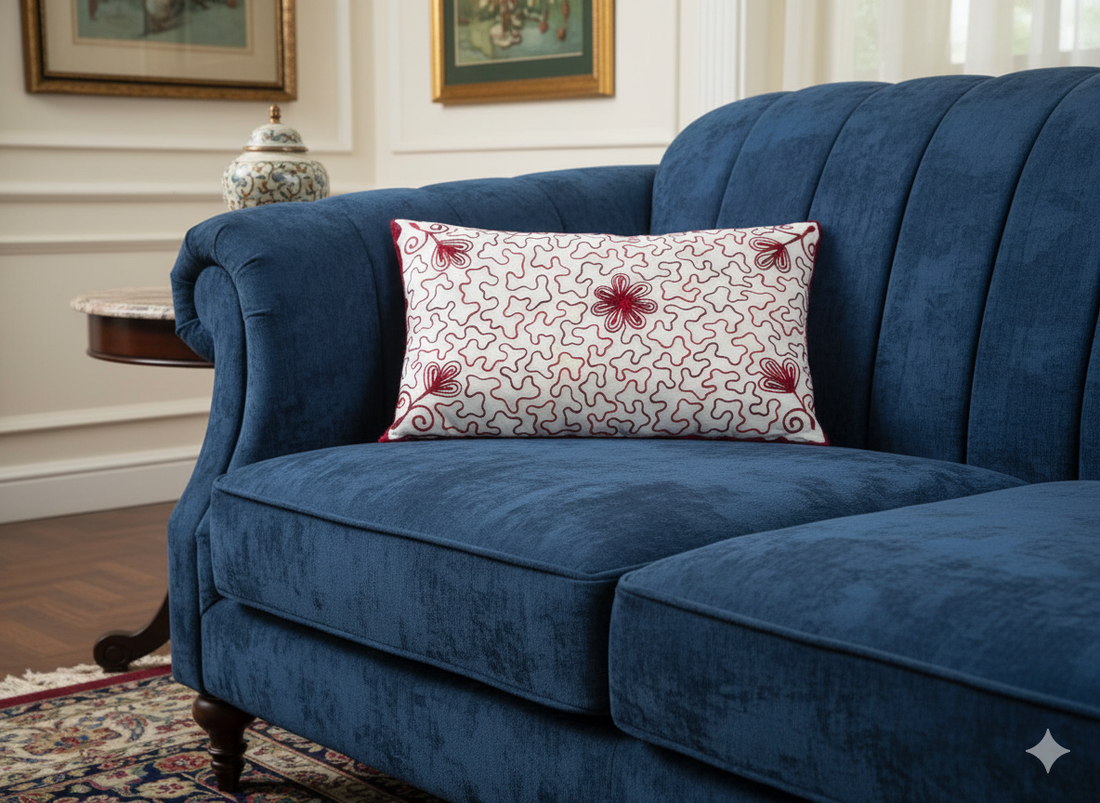 Embroidered White Cushion Cover with Red Floral Design _ Modern Decorative Pillow Cover for Sofa