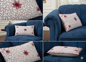 Embroidered White Cushion Cover with Red Floral Design _ Modern Decorative Pillow Cover for Sofa