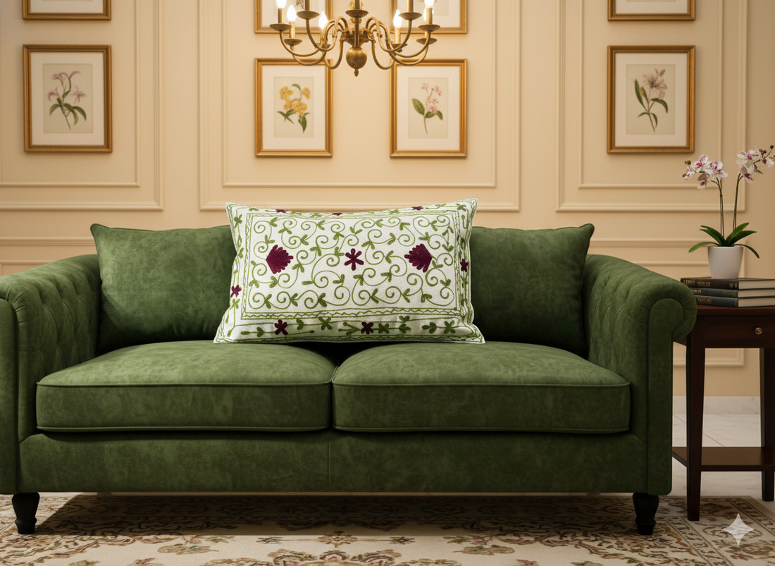 Green & Burgundy Floral Embroidered Cushion Cover _ Decorative Cotton Throw Pillow Cover for Living Room