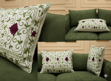 Green & Burgundy Floral Embroidered Cushion Cover _ Decorative Cotton Throw Pillow Cover for Living Room