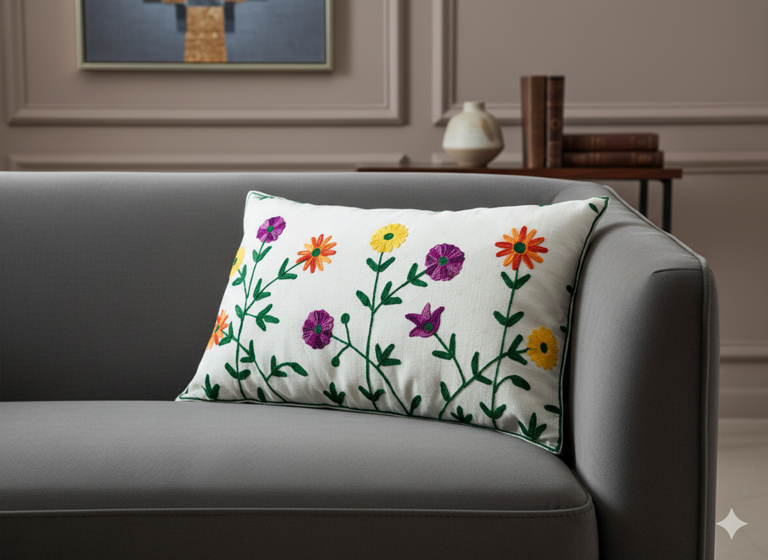 Hand Embroidered Floral Cushion Cover _ White Decorative Throw Pillow Cover _ Cotton Sofa Cushion Case