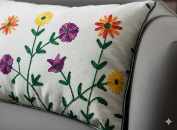 Hand Embroidered Floral Cushion Cover _ White Decorative Throw Pillow Cover _ Cotton Sofa Cushion Case