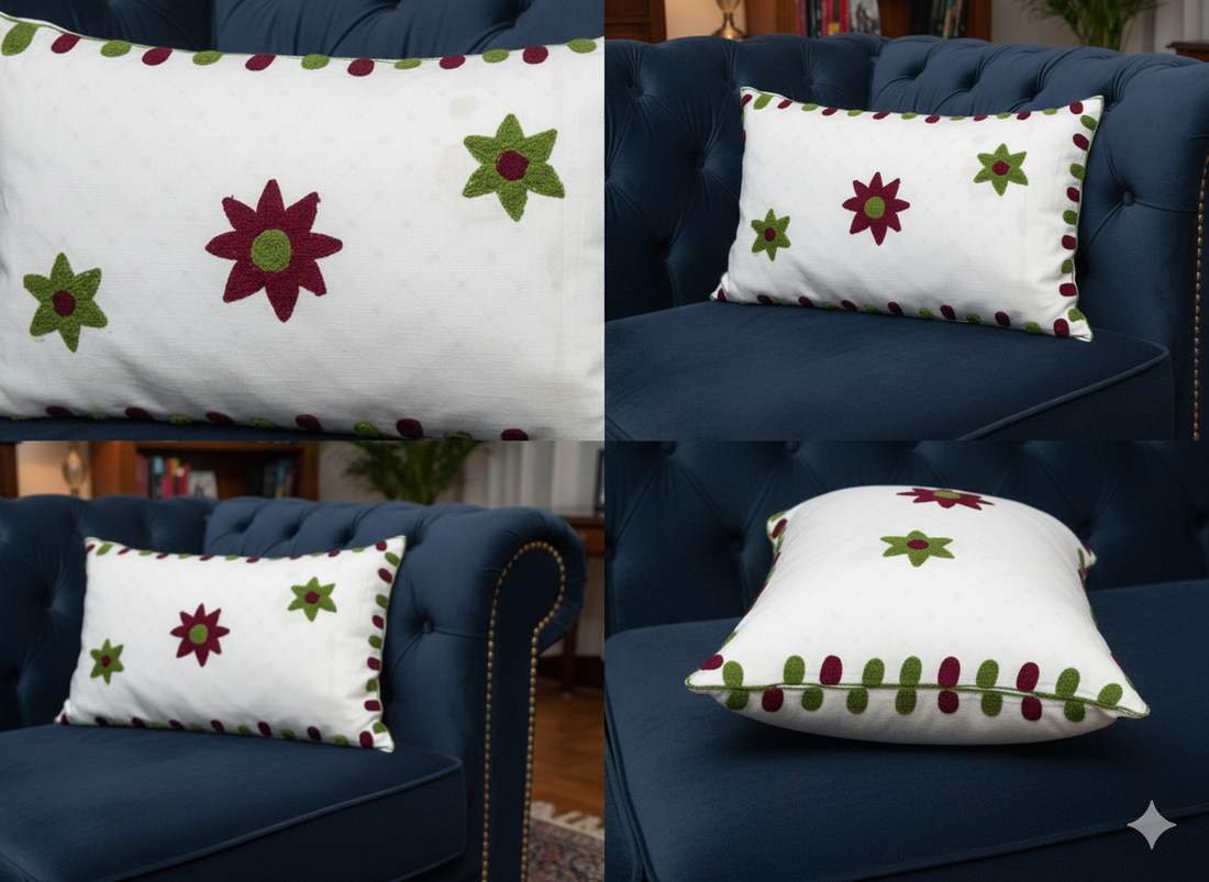 Hand Embroidered Floral Pillow Cover – White Cotton Decorative Pillow Cover for Sofa, Couch & Home Décor