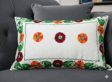Hand Embroidered Floral Cushion Cover – White Cotton Decorative Pillow Cover for Sofa, Couch & Home Décor