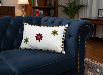 Hand Embroidered Floral Pillow Cover – White Cotton Decorative Pillow Cover for Sofa, Couch & Home Décor
