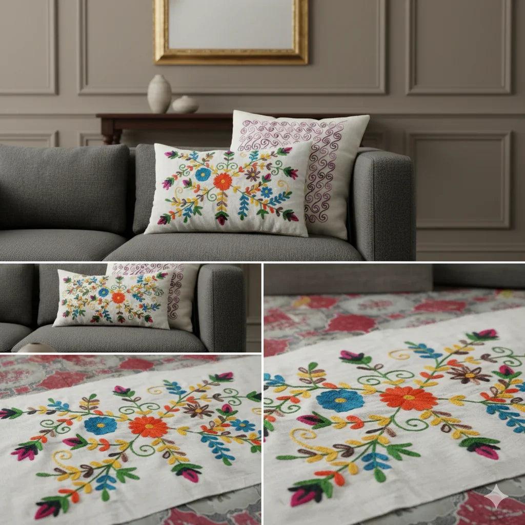 **Handmade Aari Embroidered Floral Cushion Cover**