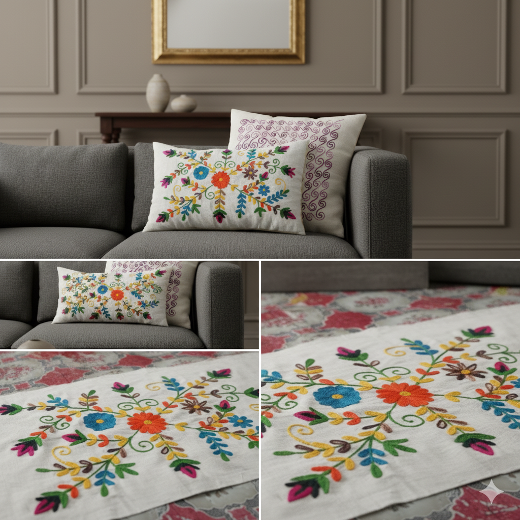 Hand Embroidered Floral Cushion Cover – White Cotton Decorative Pillow Cover for Sofa, Living Room & Bedroom