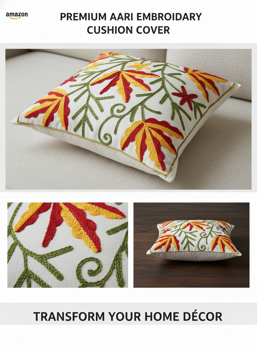 Handmade Embroidery Square Cushion Cover | Red & Yellow Leaf Motif with Green Vines | Premium Cotton | 16x16 Inch | Indian Pillow Cover for Sofa & Bedroom Decor