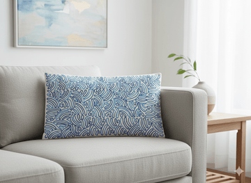 Handmade Aari Embroidery Rectangle Cushion Cover | Navy & Sky Blue Ocean Wave Design | Premium Cotton | Indian Hand Embroidered Pillow Cover for Sofa, Bedroom & Modern Home Decor