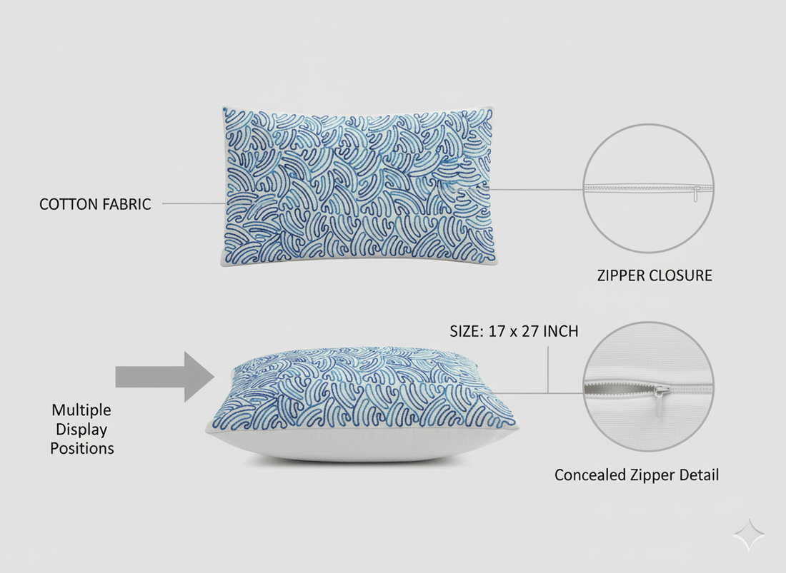 Handmade Aari Embroidery Rectangle Cushion Cover | Navy & Sky Blue Ocean Wave Design | Premium Cotton | Indian Hand Embroidered Pillow Cover for Sofa, Bedroom & Modern Home Decor