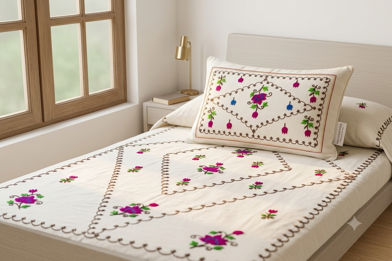 Premium White Cotton Single Bedsheet with Aari Embroidery Floral Design 60x90 Inch and Matching Pillow Cover