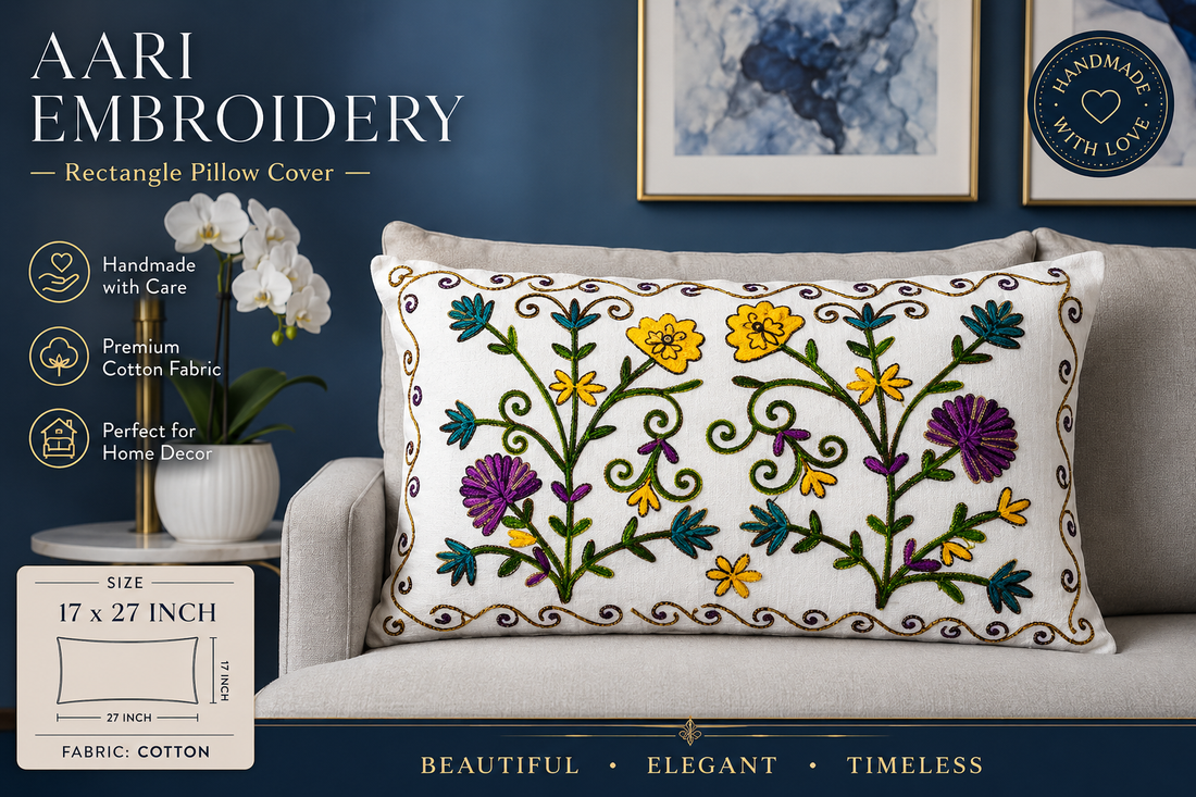 Hand Embroidered Floral Cushion Cover _ Colorful Cotton Decorative Pillow Cover _ Boho Home Decor
