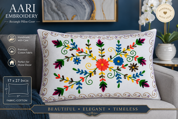 Hand Embroidered Floral Cushion Cover – White Cotton Decorative Pillow Cover for Sofa, Living Room & Bedroom