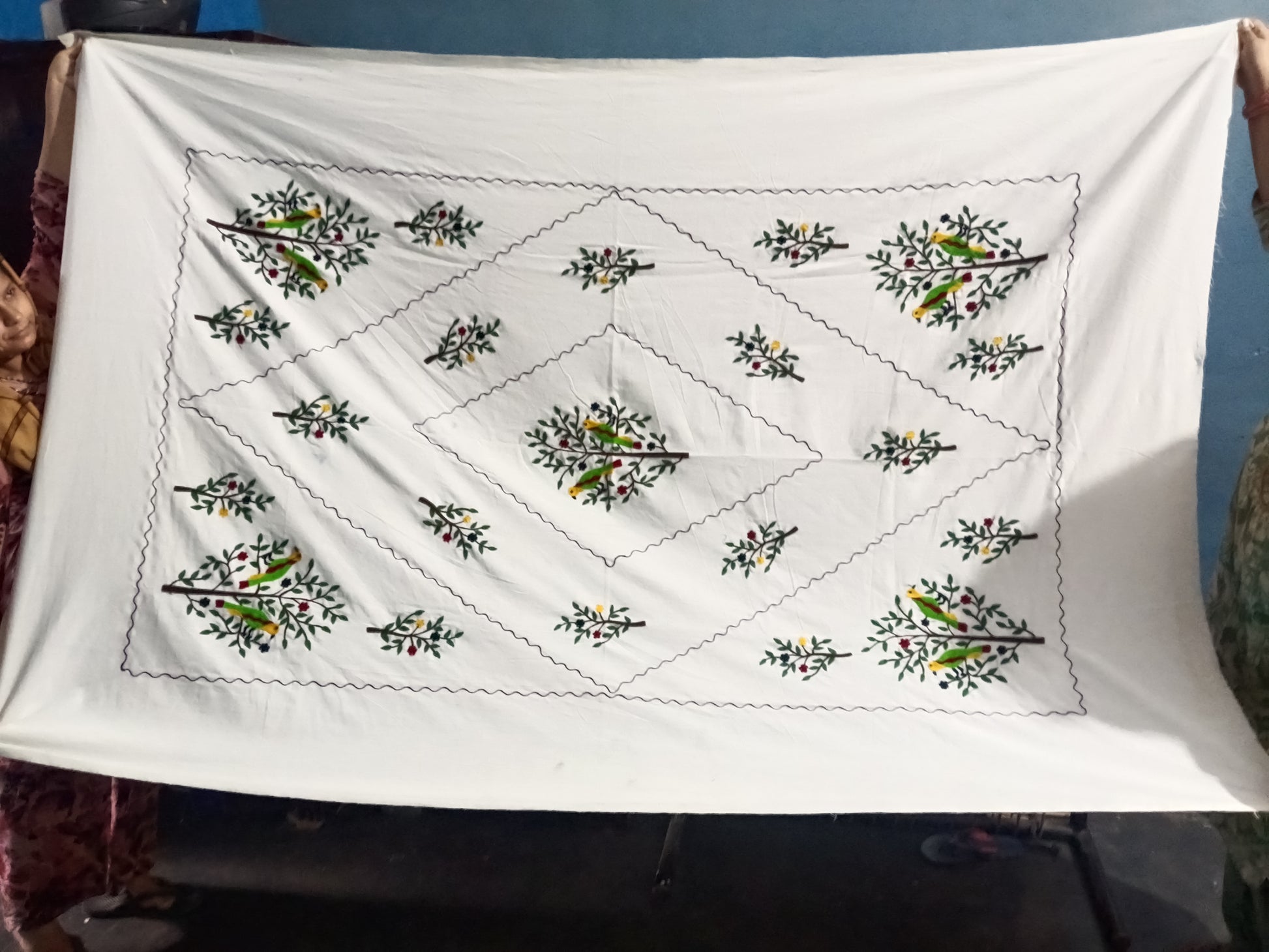 Premium White Cotton Single Bedsheet with Bird and Tree Aari Embroidery Design, 60x90 Inch, including 1 Matching Pillow Cover.