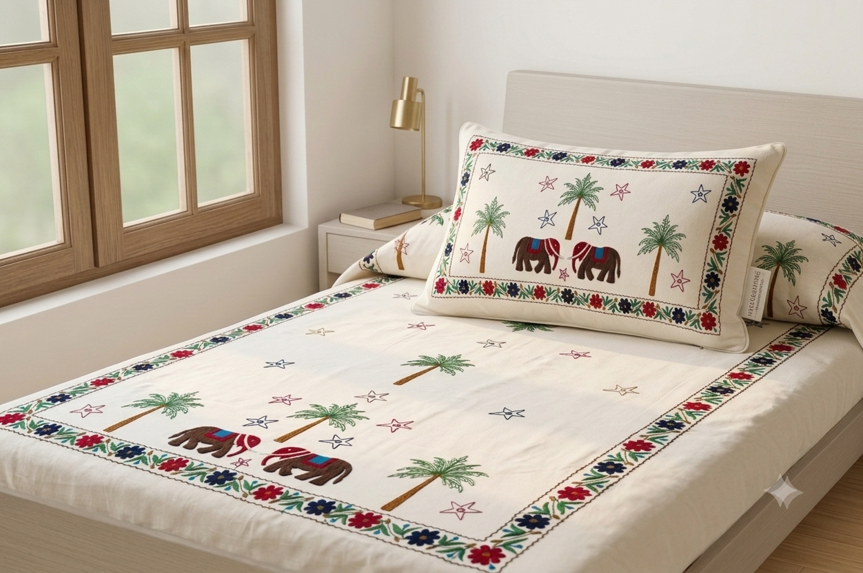 Premium White Cotton Single Bedsheet with Aari Embroidery Elephant and Palm Tree Design, Size 60x90 Inch with Matching Pillow Cover.