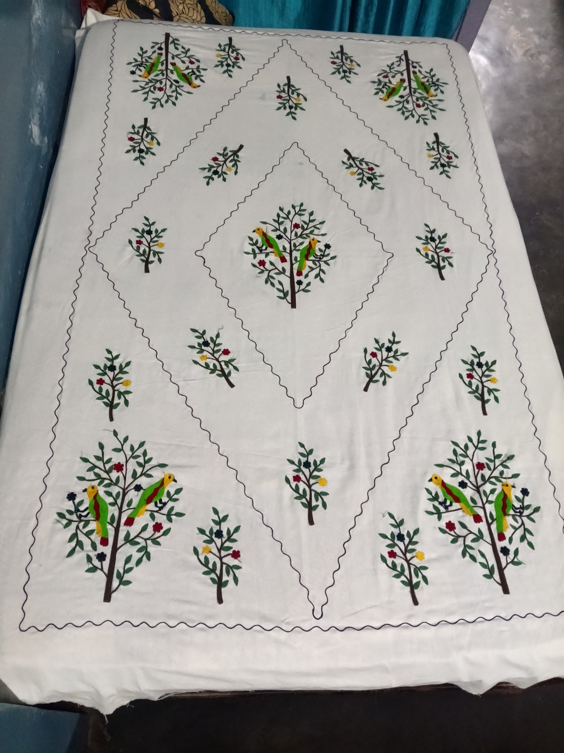 Premium White Cotton Single Bedsheet with Bird and Tree Aari Embroidery Design, 60x90 Inch, including 1 Matching Pillow Cover.