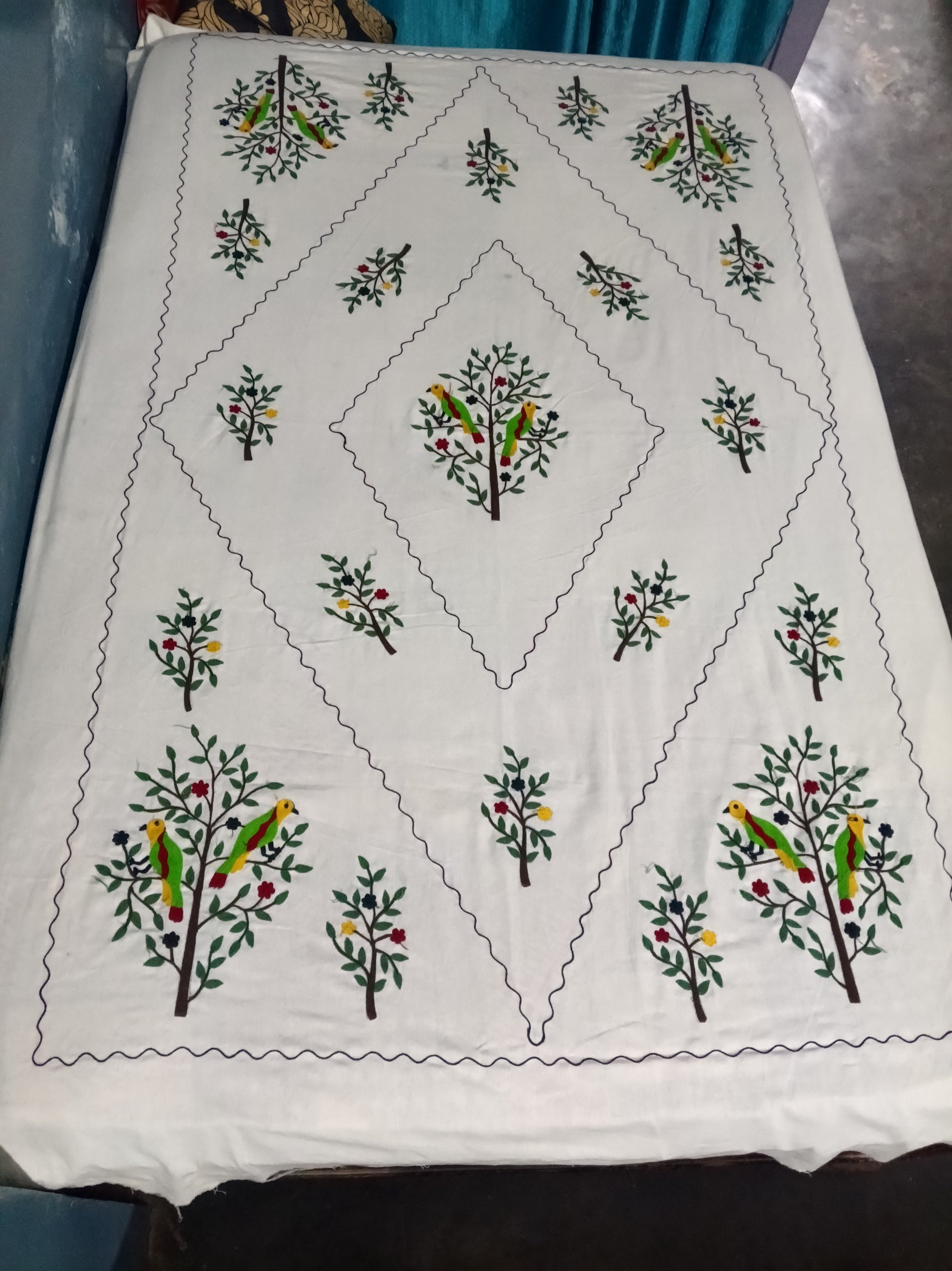 Premium White Cotton Single Bedsheet with Bird and Tree Aari Embroidery Design, 60x90 Inch, including 1 Matching Pillow Cover.