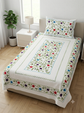 .Premium White Cotton Embroidered Single Bedsheet 60x90 with Floral Design