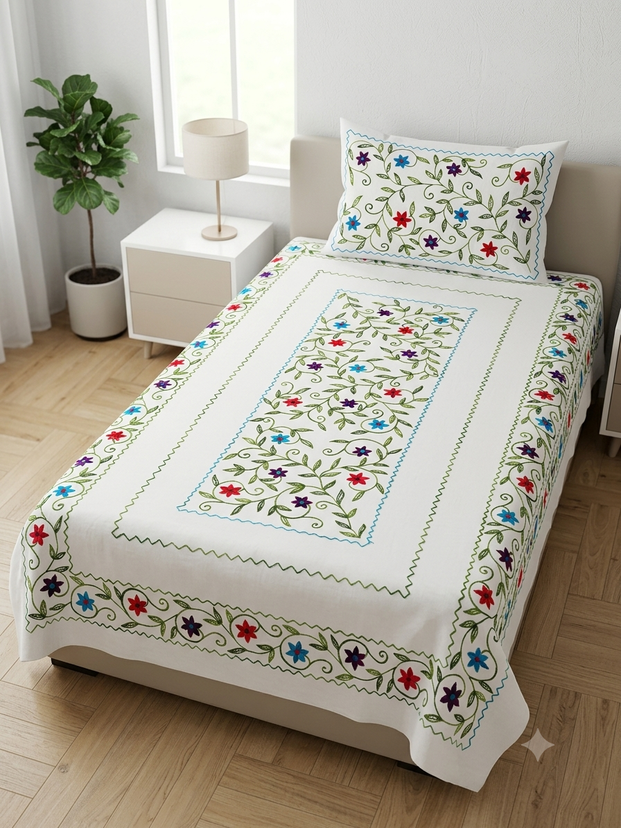 .Premium White Cotton Embroidered Single Bedsheet 60x90 with Floral Design
