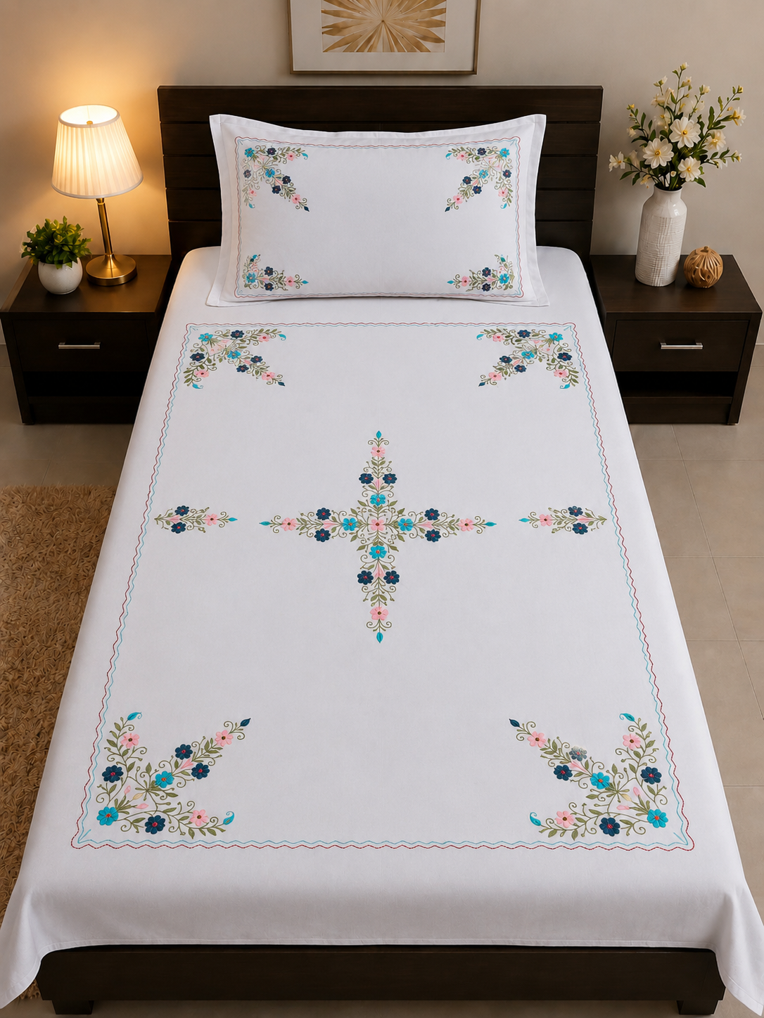 Premium White Cotton Aari Embroidery Single Bedsheet with Floral Embroidery and Matching Pillow Cover 60x90 Inch