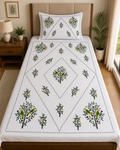 Premium White Cotton Single Bedsheet with Bird and Tree Aari Embroidery Design, 60x90 Inch, including 1 Matching Pillow Cover.
