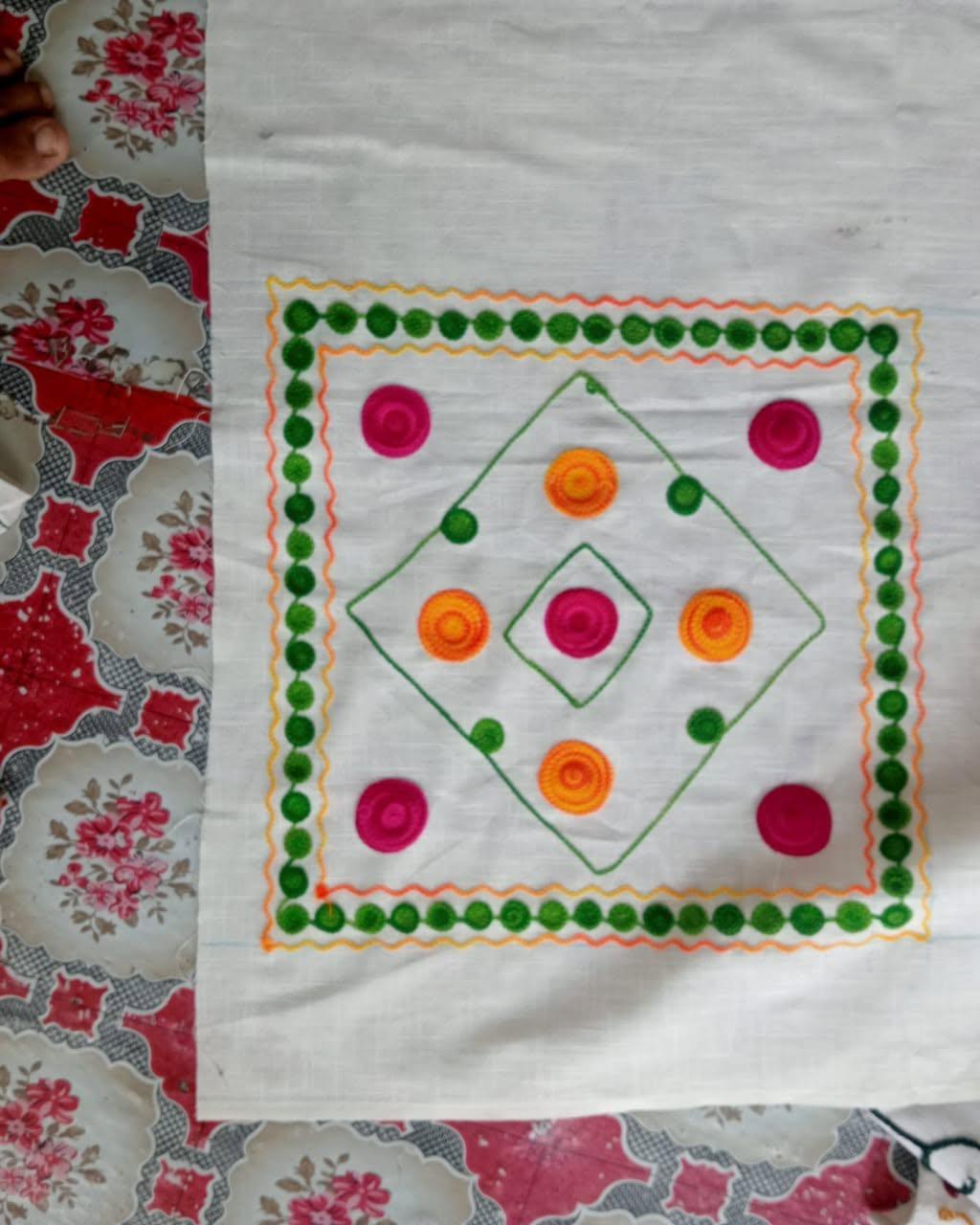 Handmade Embroidery Square Cushion Cover | Neon Pink, Orange & Green Geometric Dot Design | Premium Cotton | 16x16 Inch | Indian Pillow Cover for Sofa & Bedroom Decor