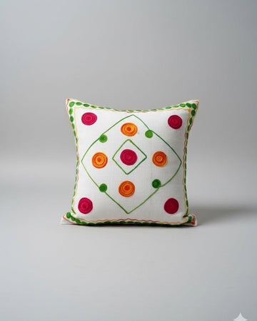 Handmade Embroidery Square Cushion Cover | Neon Pink, Orange & Green Geometric Dot Design | Premium Cotton | 16x16 Inch | Indian Pillow Cover for Sofa & Bedroom Decor